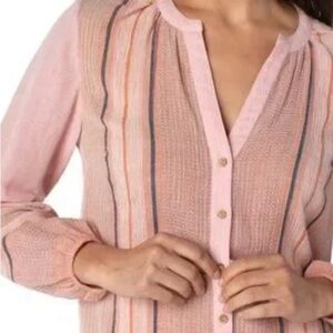 Liverpool Los Angeles Button Front Shirred Blouse - Pink Multi Yarn, size medium
